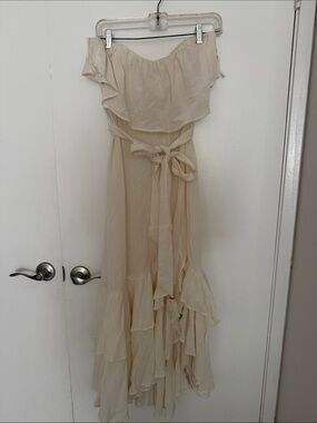 Free People Cream Off-Shoulder Maxi Dress with Tie Waist